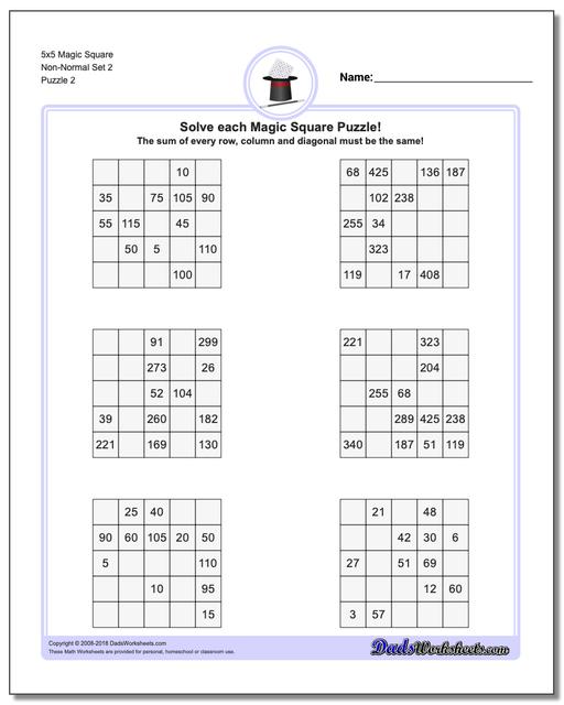 5x5 Magic Square Non-Normal Set 2 www.dadsworksheets.com/puzzles/magic-square.html Worksheet