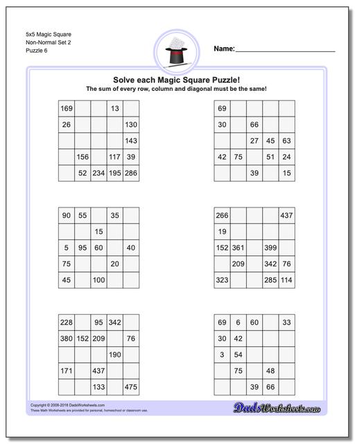 5x5 Magic Square Non-Normal Set 2 Worksheet