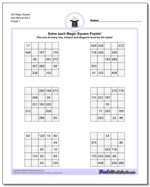 5x5 Magic Square Non-Normal Set 2 Worksheet