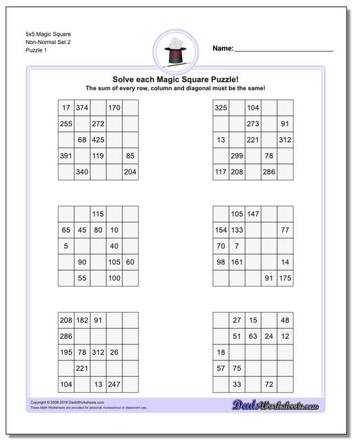 Magic Square Puzzle 5x5 Non-Normal Set 2