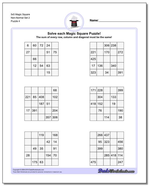 5x5 Magic Square Non-Normal Set 2 Worksheet