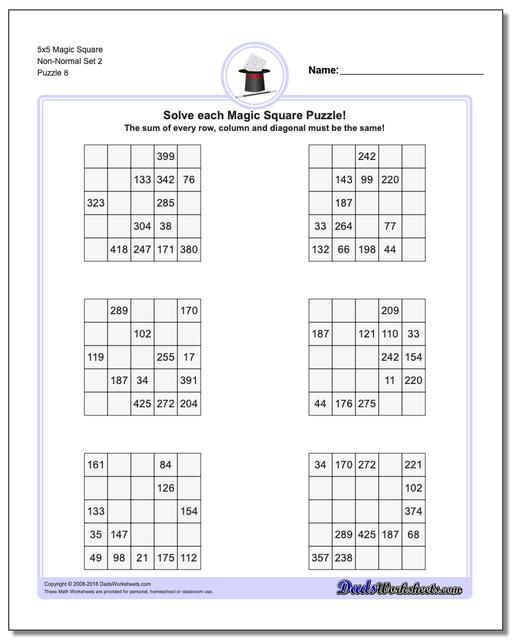 5x5 Magic Square Non-Normal Set 2 Worksheet
