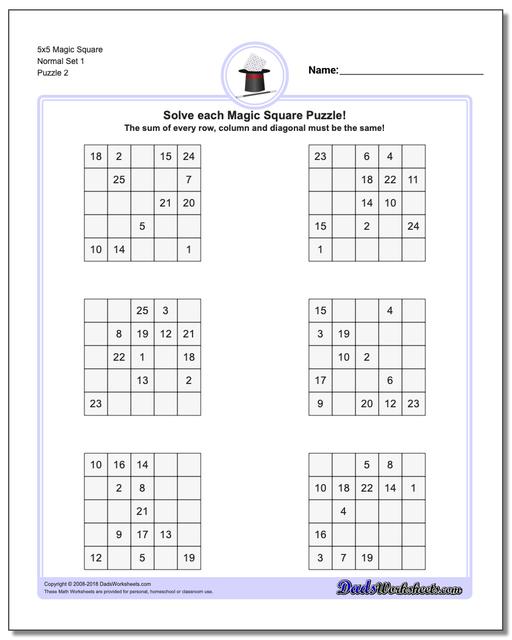 5x5 Magic Square Normal Set 1 www.dadsworksheets.com/puzzles/magic-square.html Worksheet