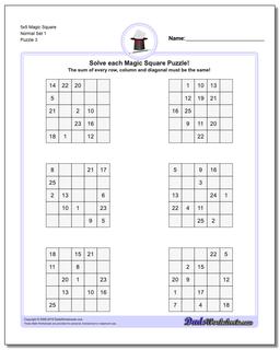 5x5 Magic Square Normal Set 1 Worksheet