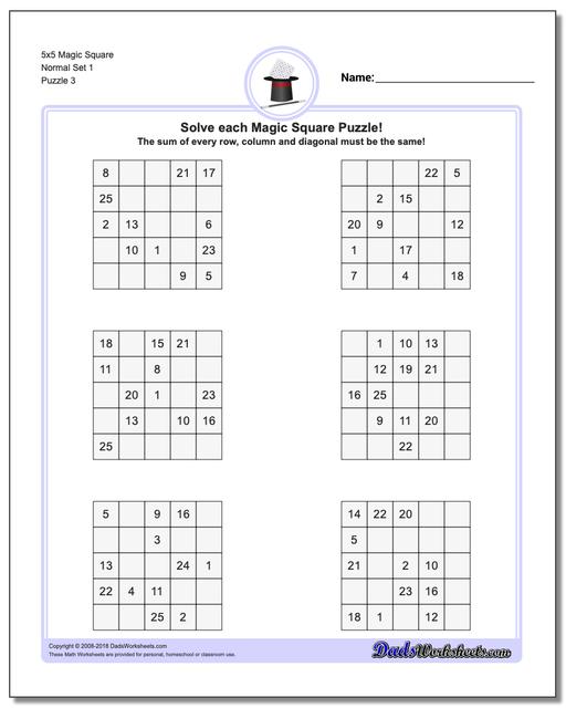 5x5 Magic Square Normal Set 1 Worksheet