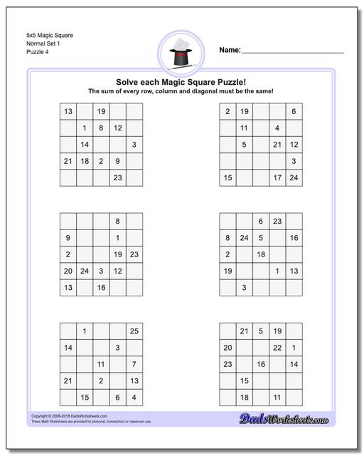 5x5 Magic Square Normal Set 1 Worksheet
