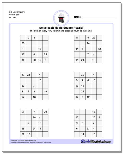 5x5 Magic Square Normal Set 1 Worksheet
