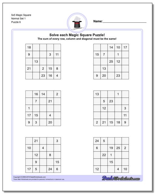 5x5 Magic Square Normal Set 1 Worksheet