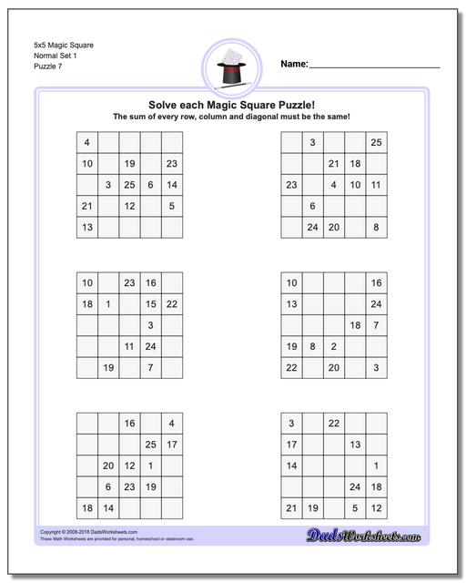 5x5 Magic Square Normal Set 1 Worksheet