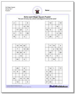 5x5 Magic Square Normal Set 1 Worksheet