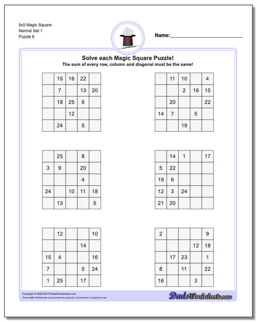 5x5 Magic Square Normal Set 1 Worksheet