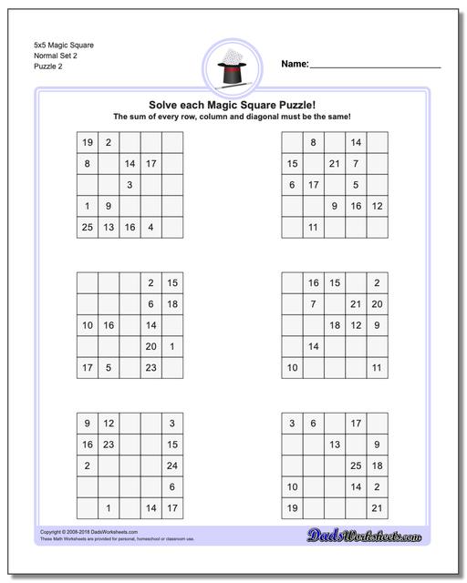 5x5 Magic Square Normal Set 2 www.dadsworksheets.com/puzzles/magic-square.html Worksheet