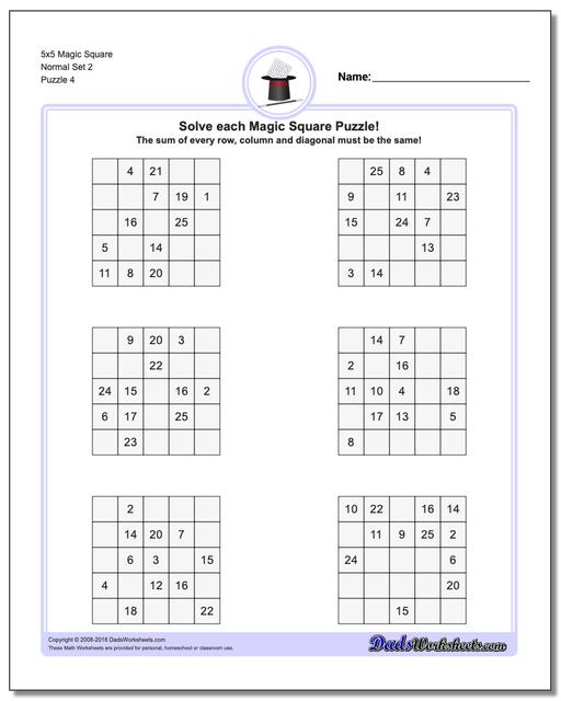 5x5 Magic Square Normal Set 2 Worksheet