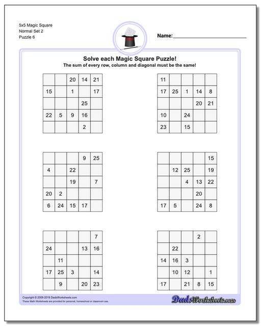 5x5 Magic Square Normal Set 2 Worksheet