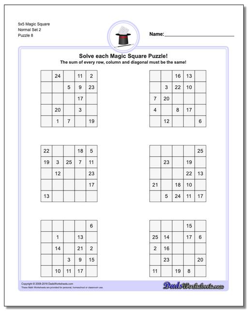 5x5 Magic Square Normal Set 2 Worksheet