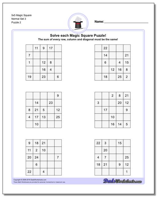 5x5 Magic Square Normal Set 3 www.dadsworksheets.com/puzzles/magic-square.html Worksheet