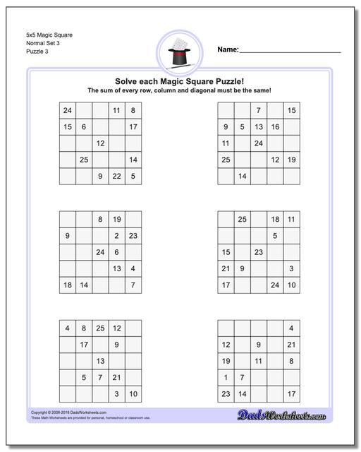 5x5 Magic Square Normal Set 3 Worksheet