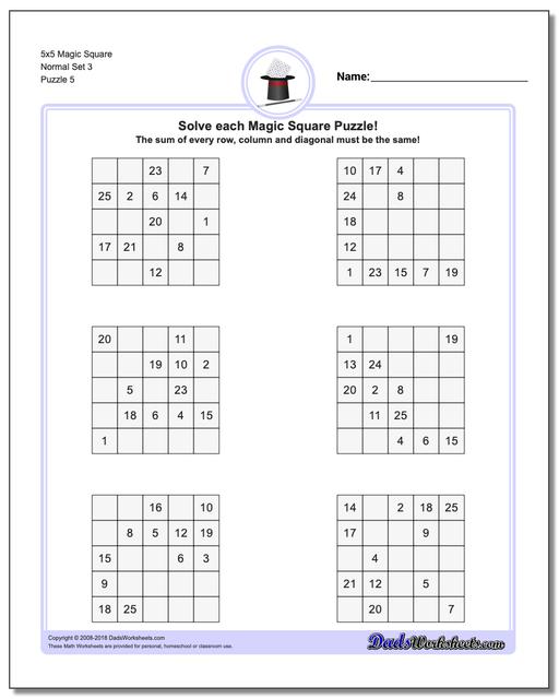 5x5 Magic Square Normal Set 3 Worksheet