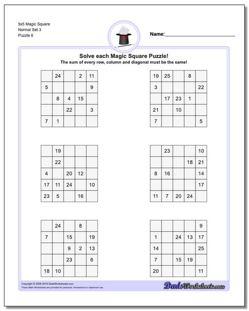 5x5 Magic Square Normal Set 3 Worksheet