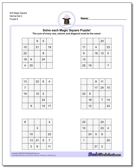 5x5 Magic Square Normal Set 3 Worksheet