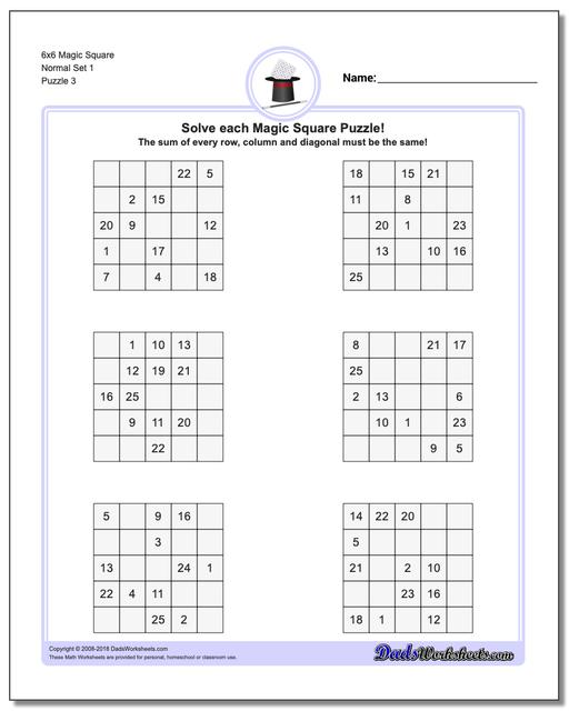 6x6 Magic Square Normal Set 1 Worksheet