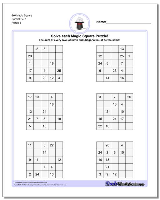 6x6 Magic Square Normal Set 1 Worksheet