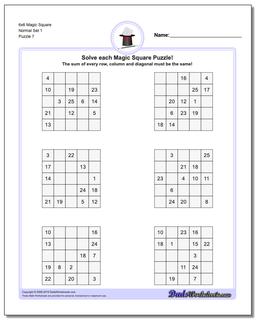 6x6 Magic Square Normal Set 1 Worksheet