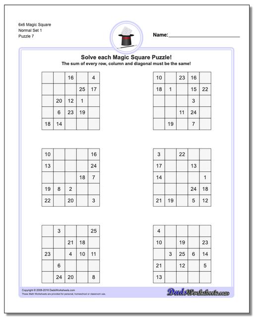 6x6 Magic Square Normal Set 1 Worksheet