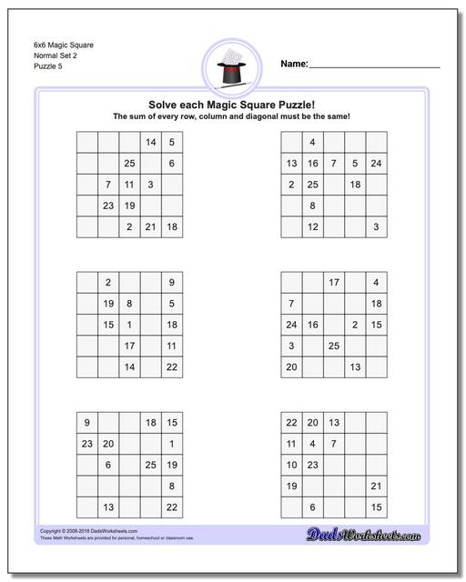 6x6 Magic Square Normal Set 2 Worksheet