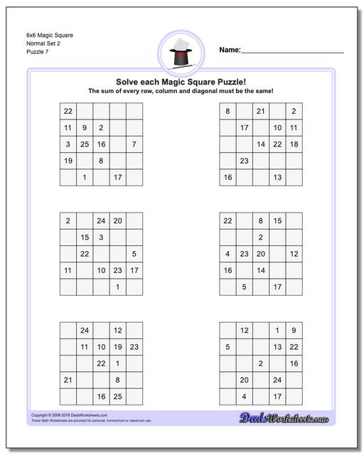 6x6 Magic Square Normal Set 2 Worksheet