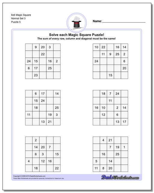 6x6 Magic Square Normal Set 3 Worksheet