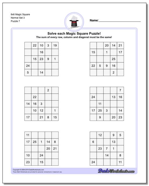 6x6 Magic Square Normal Set 3 Worksheet