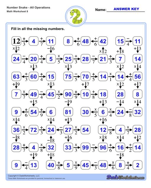 Math number snake puzzles, where kids solve simple arithmetic problems to follow the winding path to the final answer. Number Snake All Operations Large