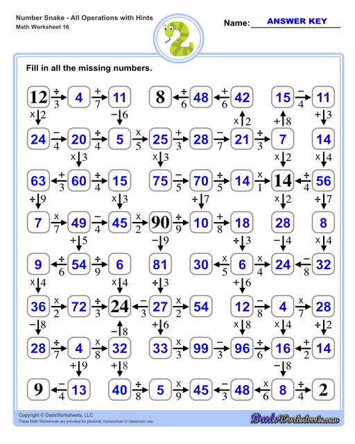 Math number snake puzzles, where kids solve simple arithmetic problems to follow the winding path to the final answer. Number Snake All Operations Large With Hints