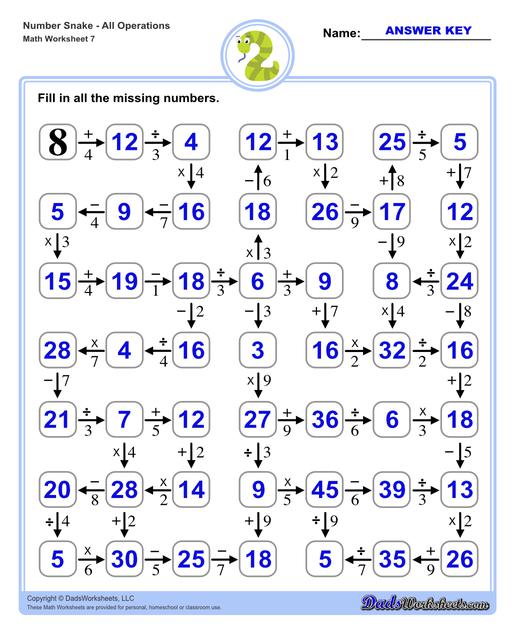 Math number snake puzzles, where kids solve simple arithmetic problems to follow the winding path to the final answer. Number Snake All Operations Small