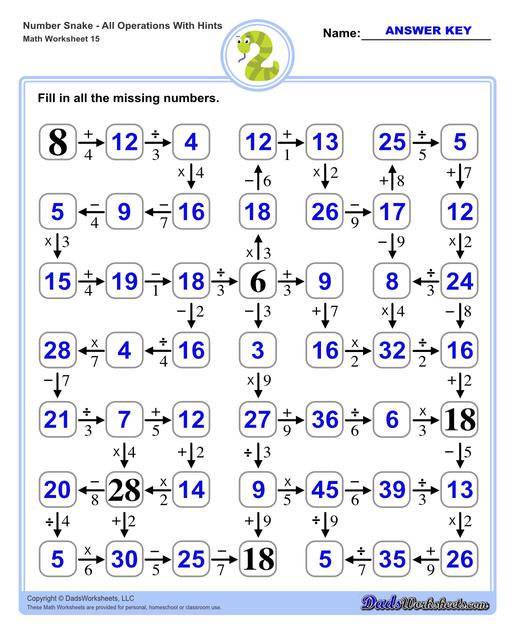 Math number snake puzzles, where kids solve simple arithmetic problems to follow the winding path to the final answer. Number Snake All Operations Small With Hints