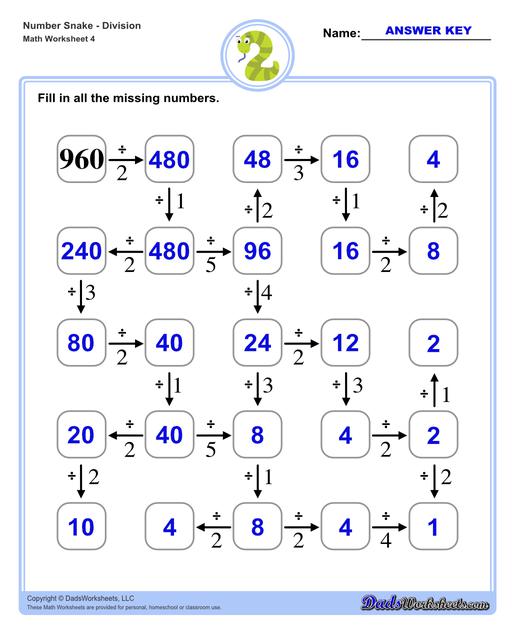 Math number snake puzzles, where kids solve simple arithmetic problems to follow the winding path to the final answer. Number Snake Division