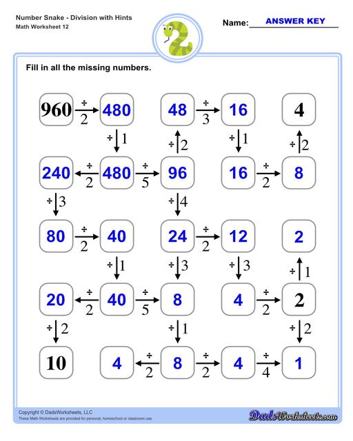 Math number snake puzzles, where kids solve simple arithmetic problems to follow the winding path to the final answer. Number Snake Division With Hints