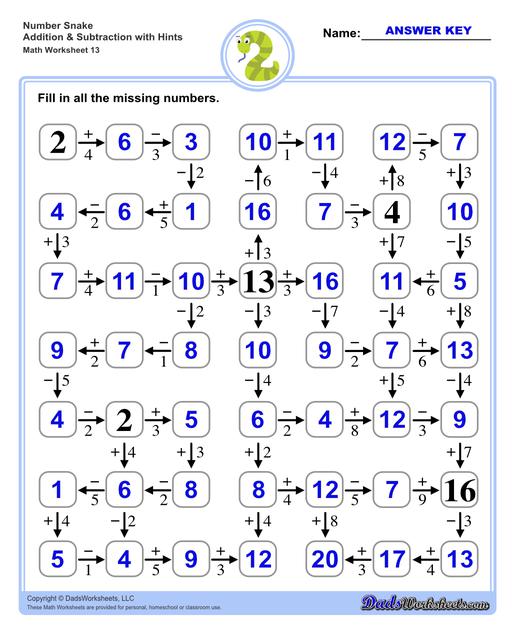 Math number snake puzzles, where kids solve simple arithmetic problems to follow the winding path to the final answer. Number Snake Mixed Addition And Subtraction With Hints