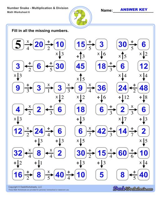 Math number snake puzzles, where kids solve simple arithmetic problems to follow the winding path to the final answer. Number Snake Mixed Multiplication And Division