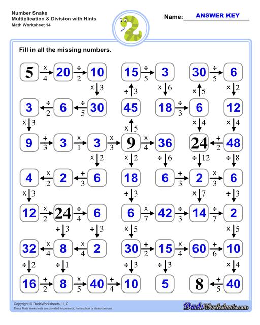 Math number snake puzzles, where kids solve simple arithmetic problems to follow the winding path to the final answer. Number Snake Mixed Multiplication And Division With Hints