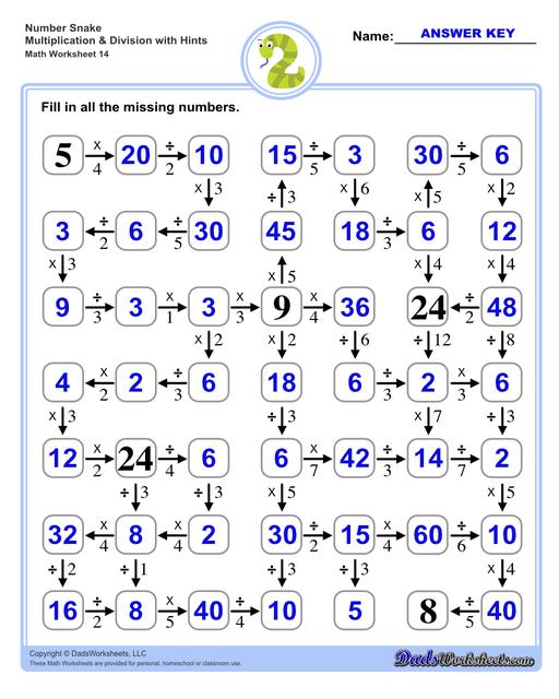 Math number snake puzzles, where kids solve simple arithmetic problems to follow the winding path to the final answer. Number Snake Mixed Multiplication And Division With Hints