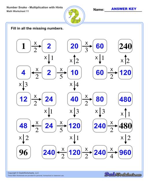 Math number snake puzzles, where kids solve simple arithmetic problems to follow the winding path to the final answer. Number Snake Multiplication With Hints