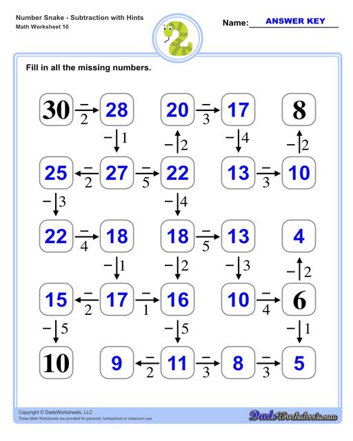 Math number snake puzzles, where kids solve simple arithmetic problems to follow the winding path to the final answer. Number Snake Subtraction With Hints