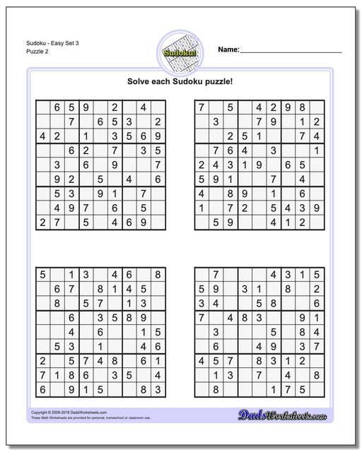 SudokuEasy Set 3 www.dadsworksheets.com/puzzles/sudoku.html Worksheet