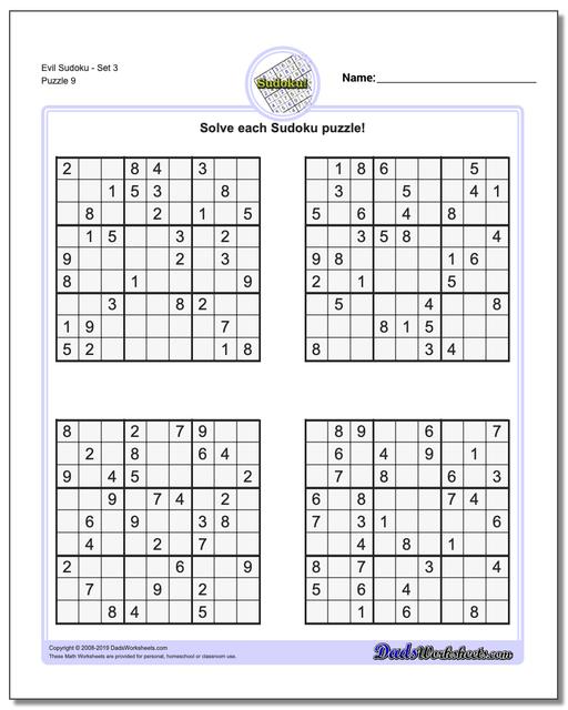 Math Worksheets Sudoku Sudoku Evil Sudoku Set 3