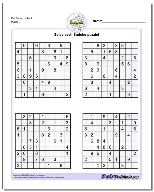 Evil SudokuSet 4 Worksheet