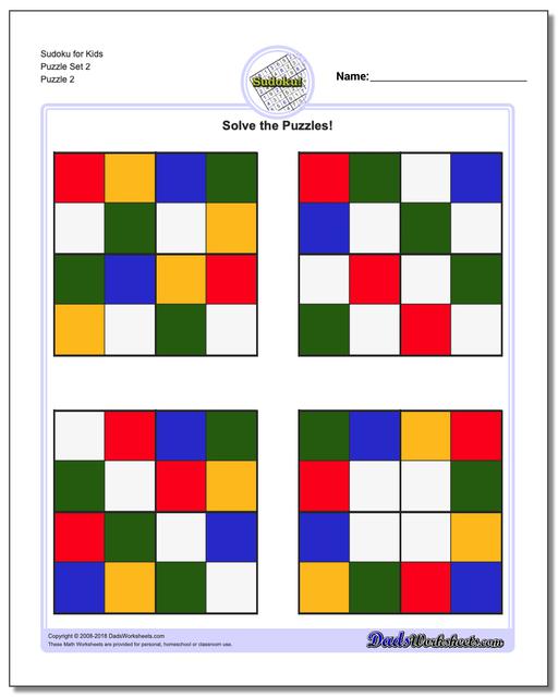 Sudoku for Kids Puzzle Set 2 www.dadsworksheets.com/puzzles/sudoku.html