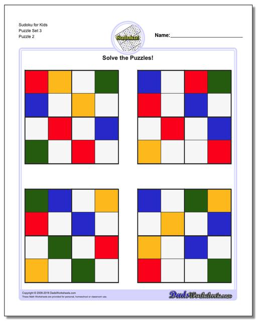 Sudoku for Kids Puzzle Set 3 www.dadsworksheets.com/puzzles/sudoku.html