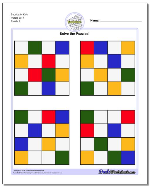 Sudoku for Kids Puzzle Set 4 www.dadsworksheets.com/puzzles/sudoku.html